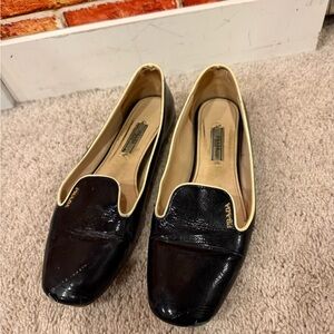 Prada Black Patent Leather Women's Loafers with Gold Accent